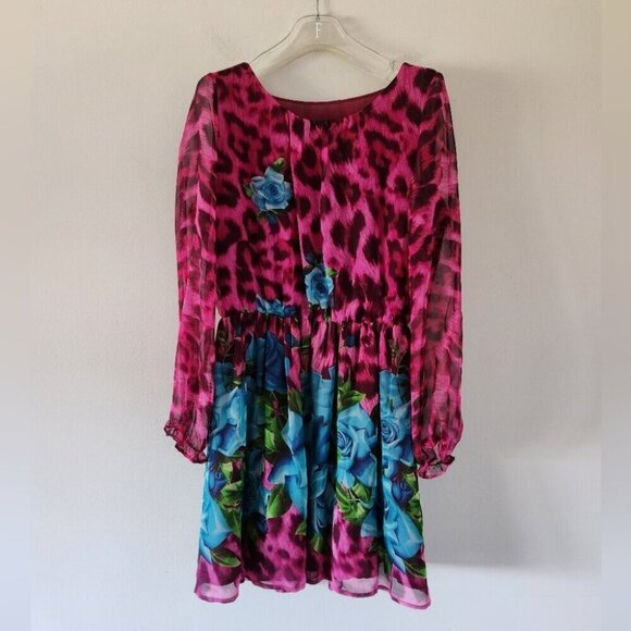 MARC JACOBS | 100% SILK dress Floral Sheer Sleeves Magenta Pink Blue Roses Sz 6 - Picture 2 of 6